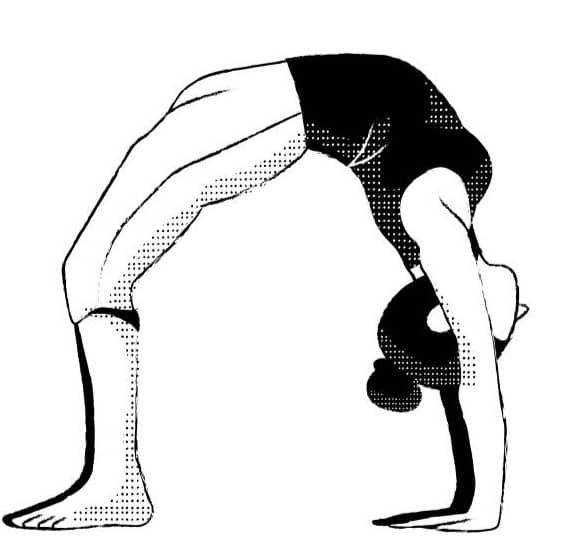 A black and white image of the Chakrasana yoga pose