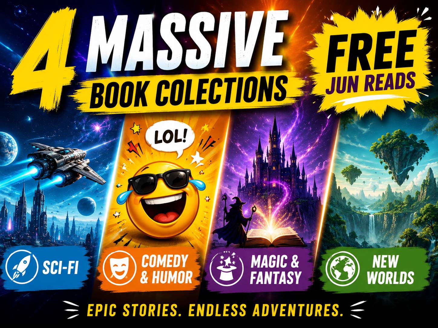 A Collection of your Favorite Book Genre Fantasy, Sci-Fi ,Magic ,Humor and Comedy.,