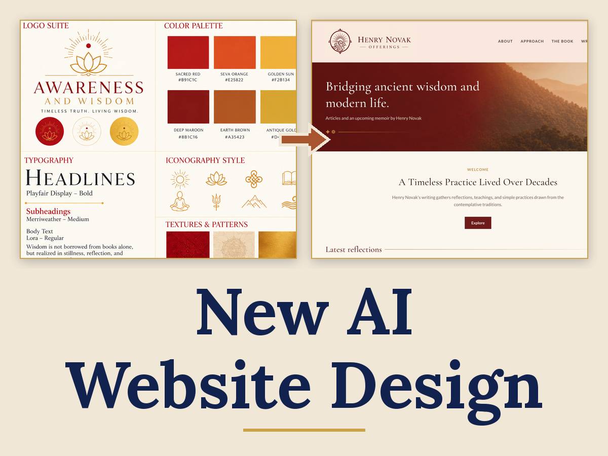 "New AI Website Design": a GPT Image 2 brand board with an arrow to the live henrynovak.com homepage, in deep red, gold, and cream.