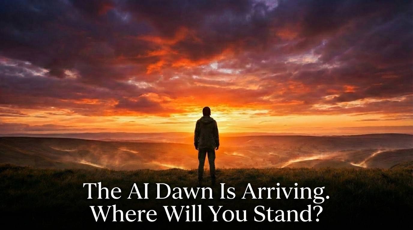 A solitary figure stands on a hill at dawn, looking out over a vast landscape illuminated by sunrise. White text over the image reads, “The AI Dawn Is Arriving. Where Will You Stand?”
