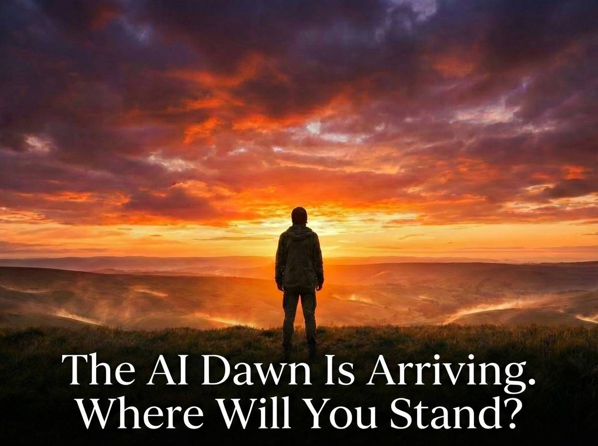 A solitary figure stands on a hill at dawn, looking out over a vast landscape illuminated by sunrise. White text over the image reads, “The AI Dawn Is Arriving. Where Will You Stand?”