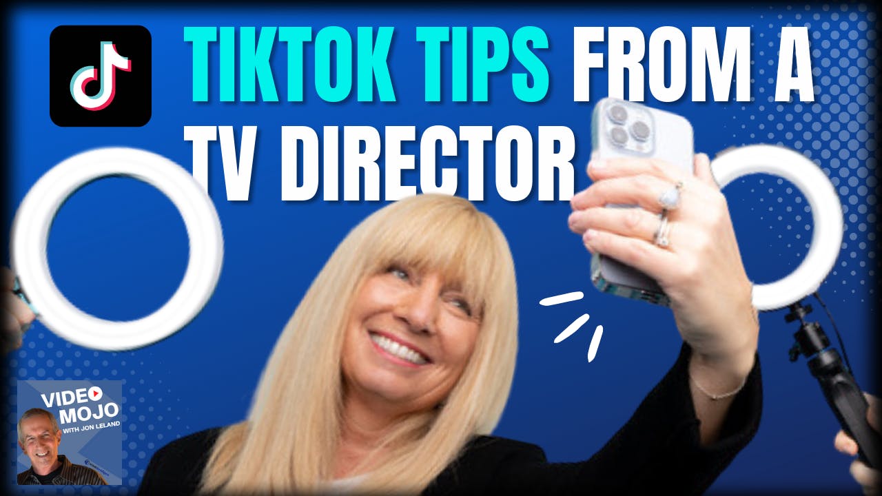 Middle aged woman with blonde hair taking a selfie with ring lights and headline: TikTok Tips for a TV Director