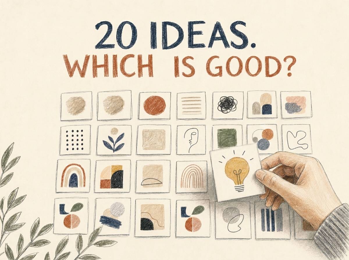 A hand picks one card showing a lightbulb from a grid of twenty rough sketch cards. Headline: "20 ideas. Which one is good?"