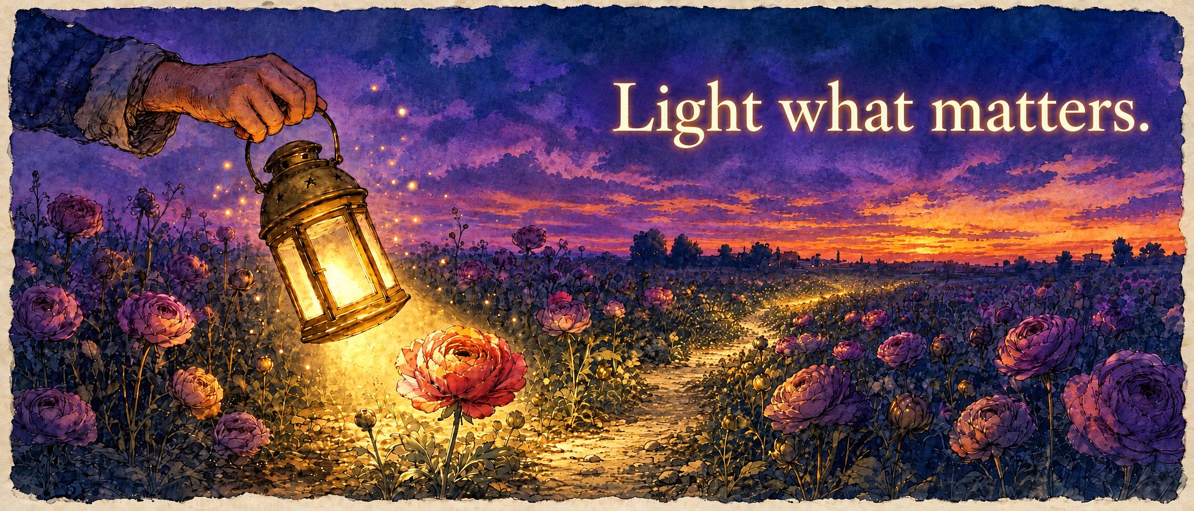 Hand-drawn watercolor and ink illustration of a hand holding a lantern at dusk, aiming its warm light at a single glowing ranunculus while the rest of the flower field fades into teal shadow. Overlay text reads: “Light what matters.”