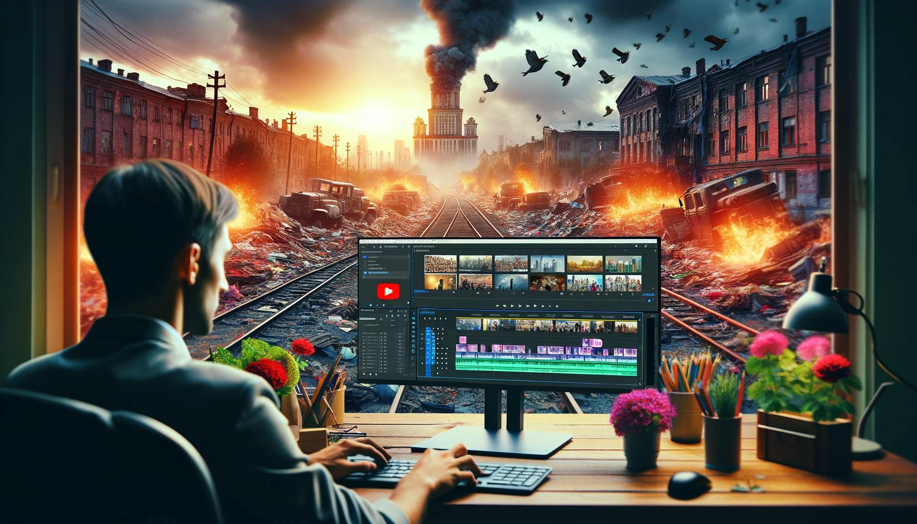 Video creator in front of his computer amidst a raging war scene.