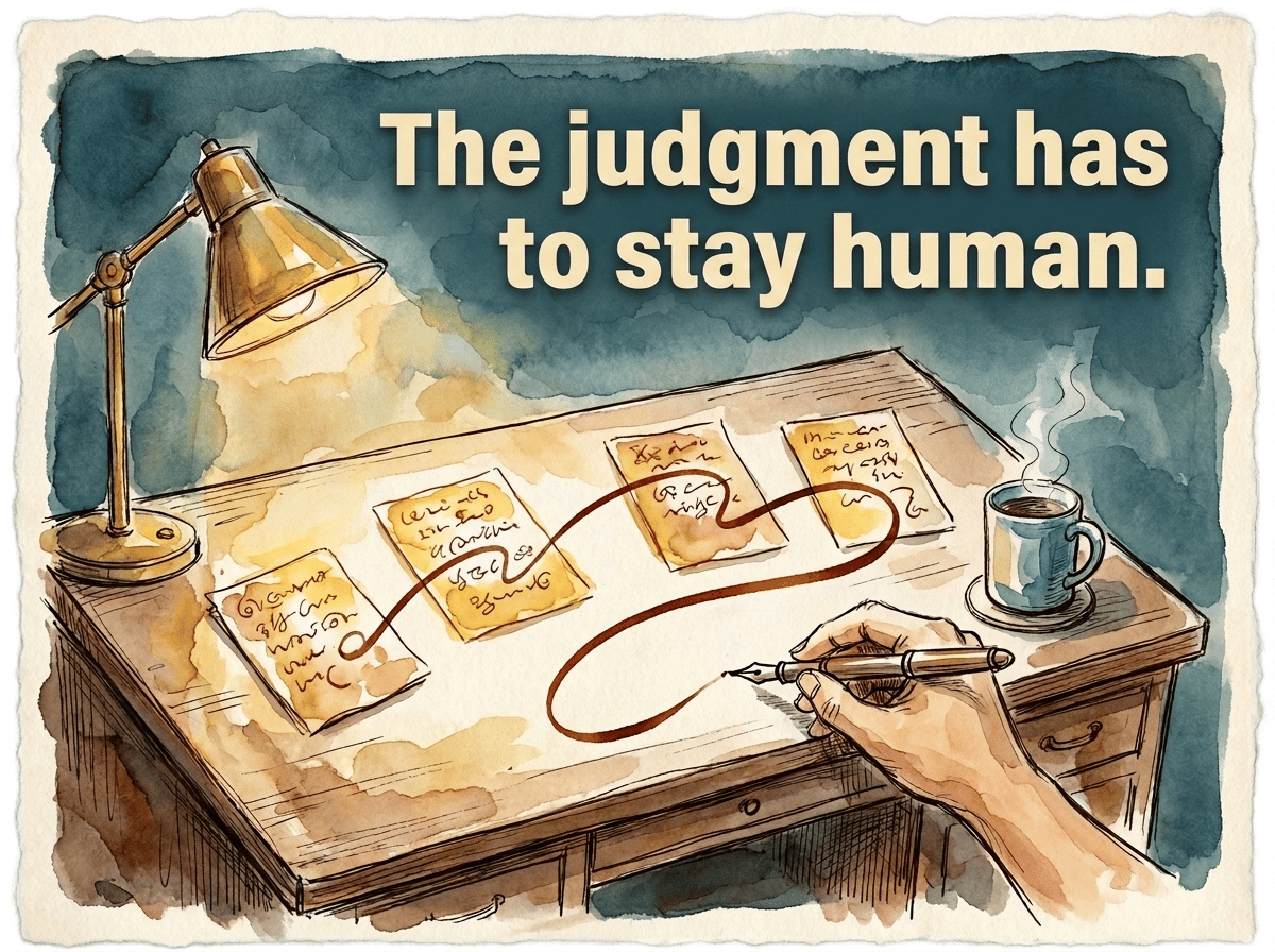 Hand-drawn watercolor and ink illustration of a desk seen from above, with five small glowing panels scattered across it and a hand drawing a curving ink line that connects them in sequence. A brass desk lamp and a steaming mug sit nearby. Overlay text re