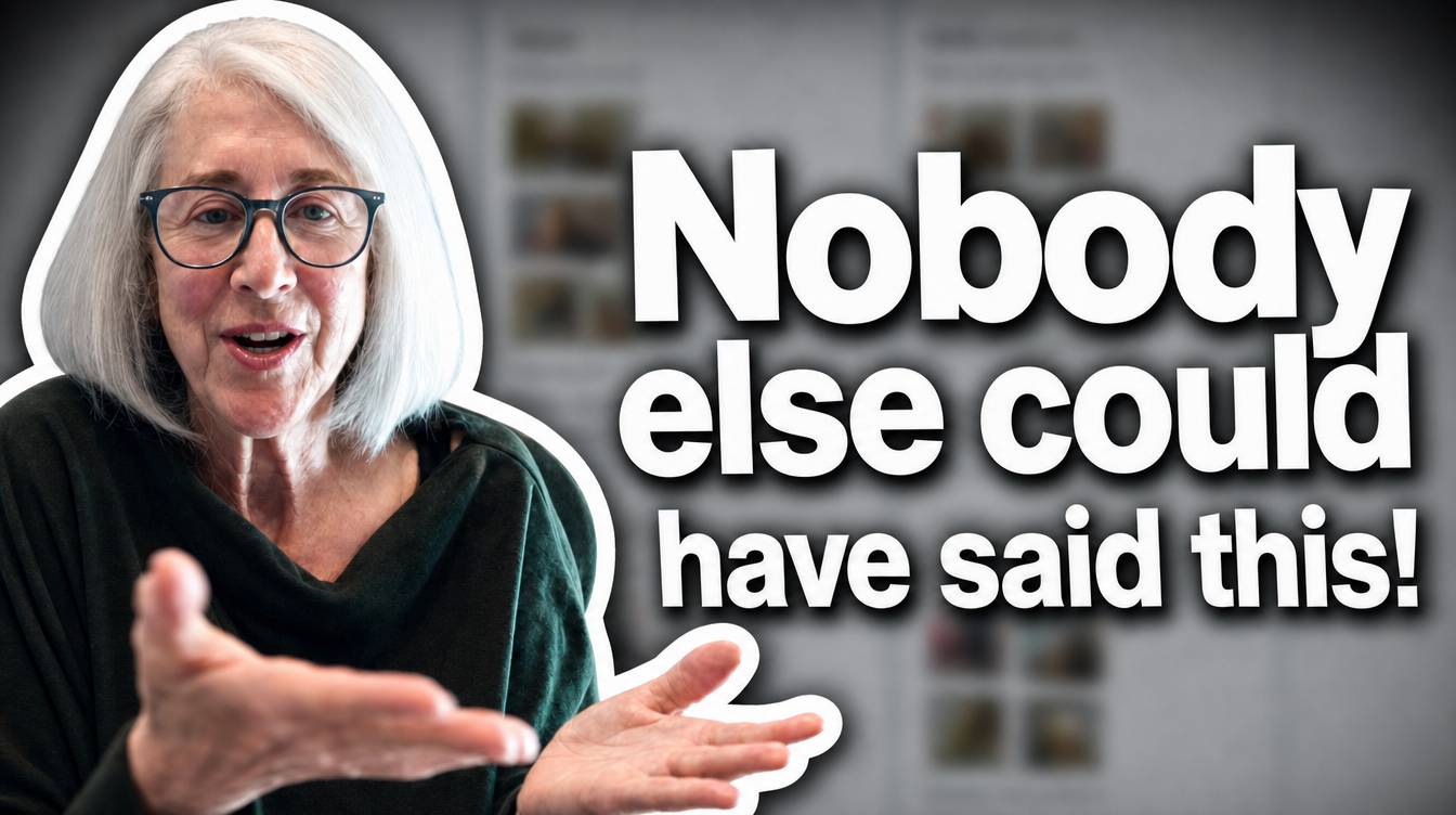 A woman in her seventies with white hair and dark glasses speaks with her hands open in front of her, mid-sentence. Behind her, out of focus, is a life timeline of dated entries with small photo grids. Large text beside her reads "Nobody else could have said this!"
