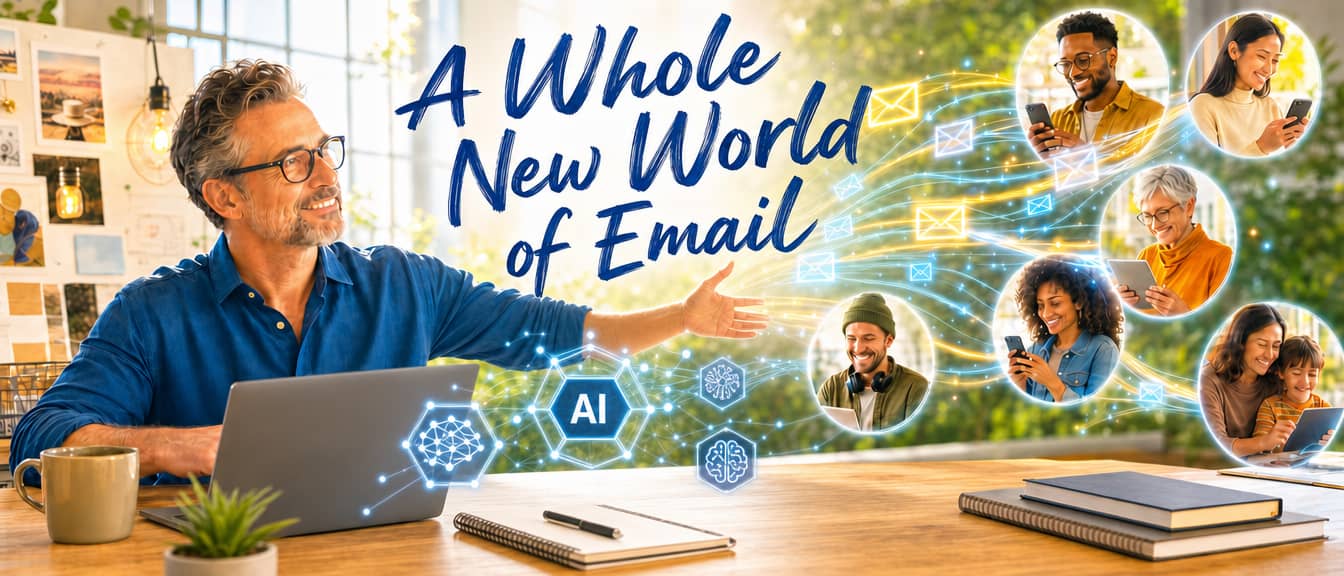 A Whole New World of Email — illustration of a creative director at a light-filled desk, sending streams of email and imagery out toward a group of people