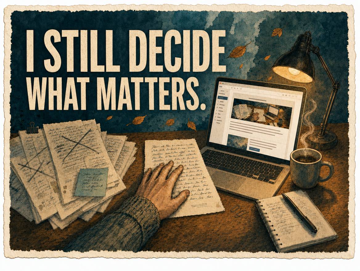 A hand-drawn watercolor and ink illustration of a wooden desk seen from the front. Several printed pages lie fanned at the left, some crossed out and pushed aside. At the center a hand rests on a single handwritten page. To the right, a laptop displaying 