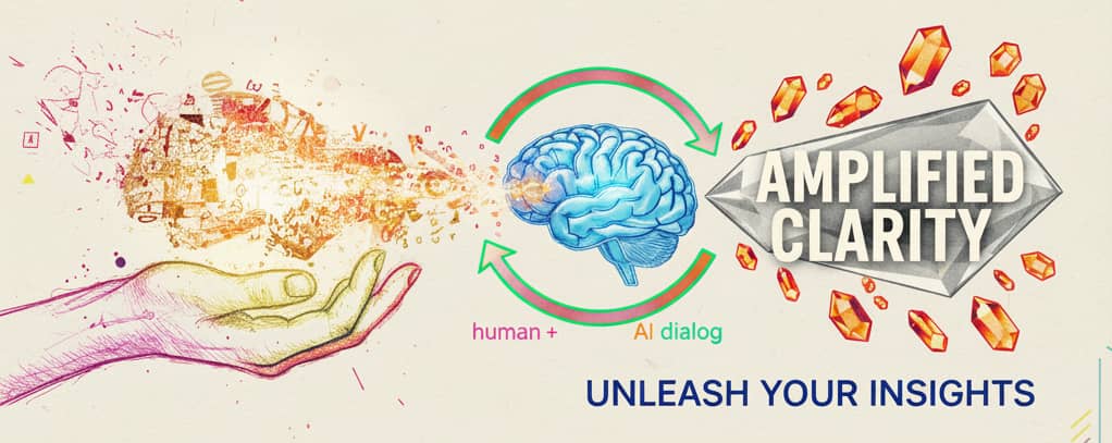 A visual representation of human input transforming into amplified clarity through AI dialogue, set against a textured background with geometric shapes. Email header mixed-media collage. Feels handcrafted yet modern, signaling ‘human + AI dialog’ and amplified clarity. Editorial magazine vibe, minimal clutter. no busy patterns 