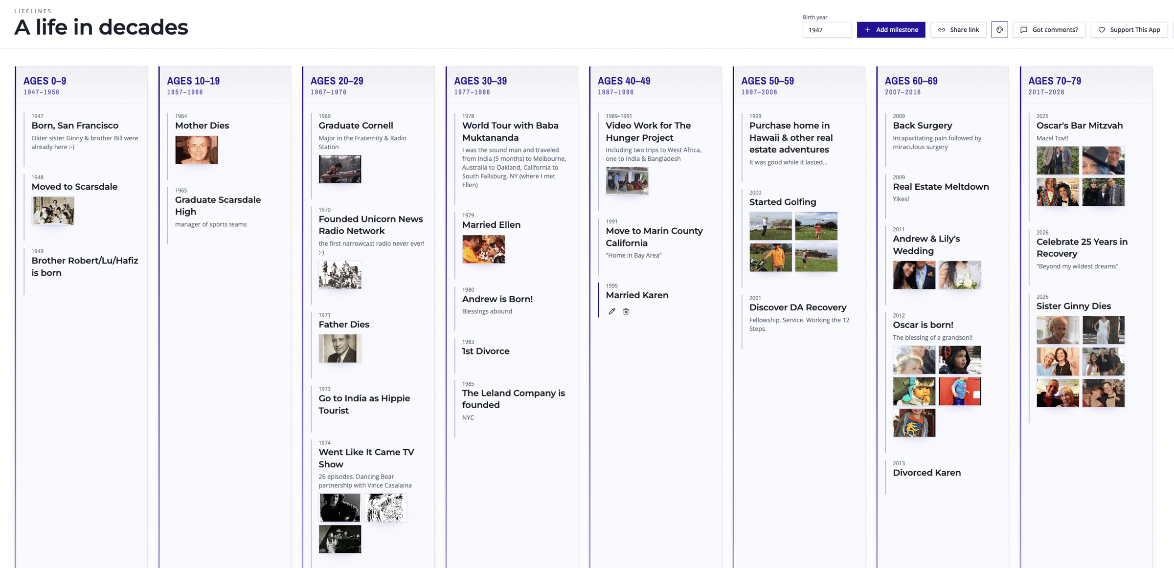 Screenshot of the LifeLines app, titled "A life in decades," showing Jon's timeline in eight columns from ages 0–9 through 70–79. Each column lists dated milestones with short notes and family photos, from "Born, San Francisco, 1947" to 2026.