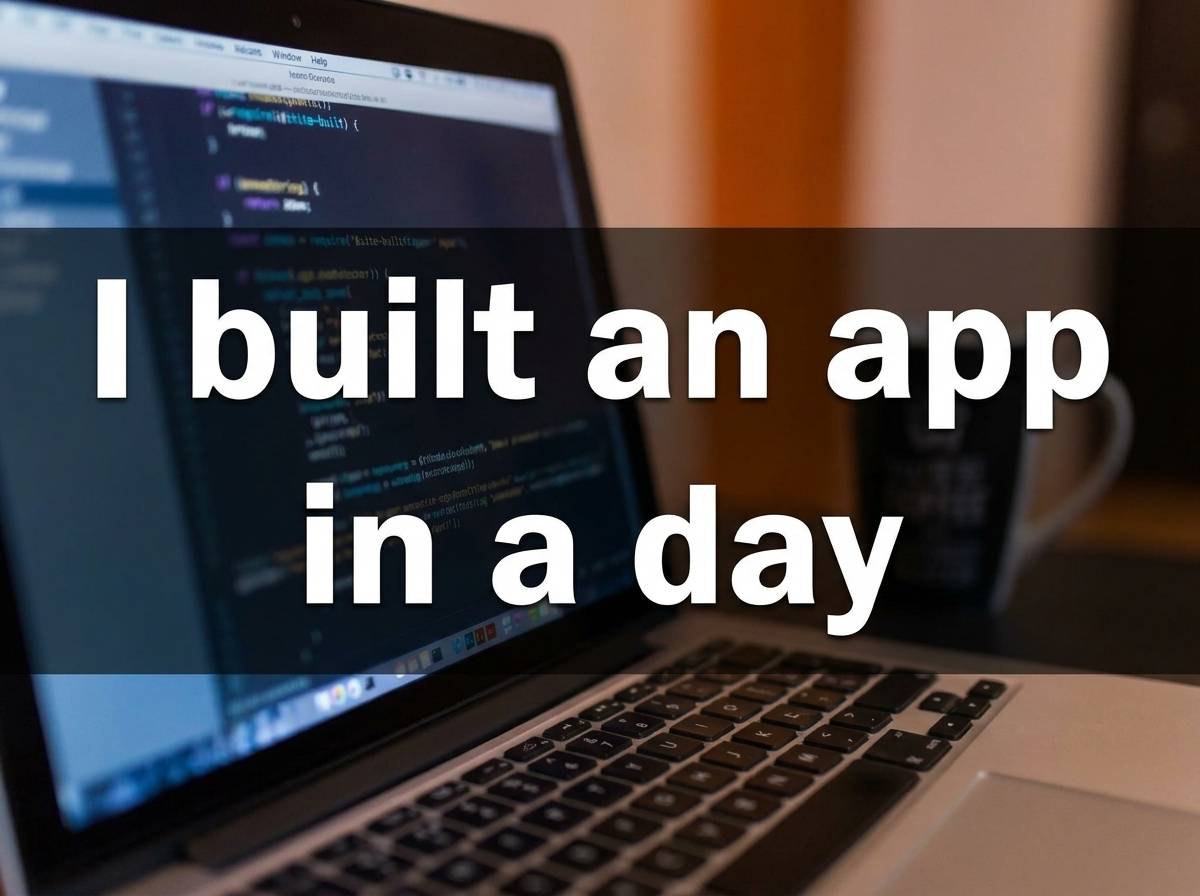 A laptop on a desk showing a screen full of code, with a coffee mug beside it. Bold white text across the image reads: I built an app in a day.