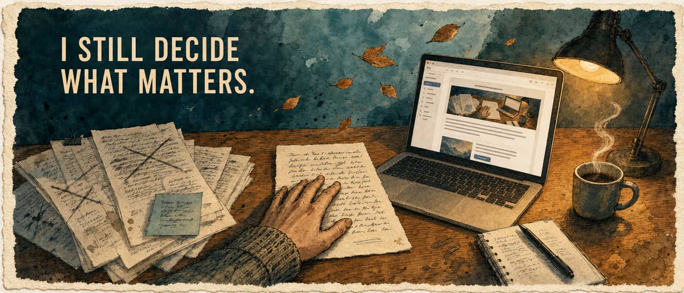 A hand-drawn watercolor and ink illustration of a wooden desk seen from the front. Several printed pages lie fanned at the left, some crossed out and pushed aside. At the center a hand rests on a single handwritten page. To the right, a laptop displaying a newsletter glows beside a lit desk lamp and a steaming mug. Autumn leaves drift above the desk. Text in the upper left reads "I STILL DECIDE WHAT MATTERS."