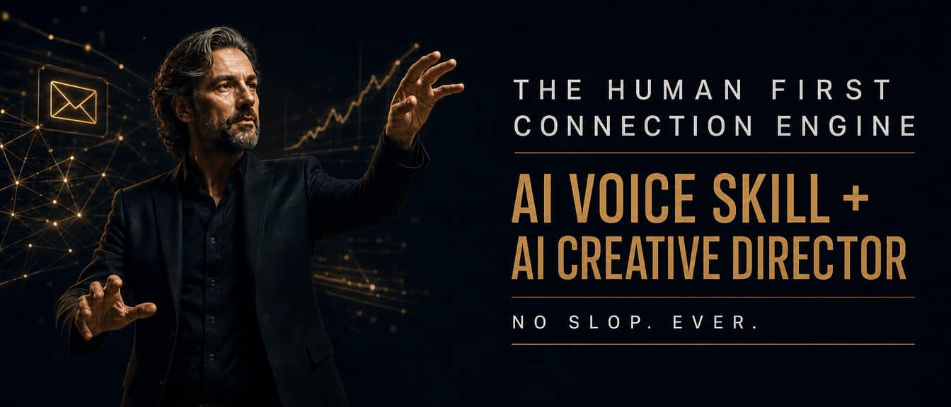 Horizontal two-panel graphic. On the left, a man in his fifties with wavy salt-and-pepper hair and a short beard, wearing a dark jacket over a black shirt, stands with both hands raised as though conducting, surrounded by glowing gold holographic displays showing email envelopes, bar charts, a rising analytics line reading 124,545 total subscribers, lines of code, and a system architecture map, all against a deep navy background. On the right, on a warm off-white panel, gold letter-spaced text reads "HUMAN FIRST" above two headlines: "AI VOICE SKILL" in heavy black type, a black plus sign, and "AI CREATIVE DIRECTOR" in gold. Below a short gold rule, the body copy reads: "Architected and Directed by a Human in the Loop. This system is designed and led by Jon Leland, a creative director with 40+ years of media innovation experience. He guides this project, every step of the way, ensuring the voice skill sounds like you, the strategy stays sharp, and nothing generic ever ships." The image argues that the AI system and the human directing it are two halves of one offering.