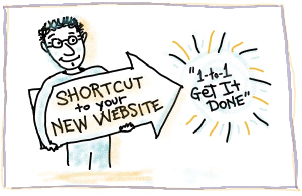 hand-drawn sketch, man holding an arrow-shaped sign that says, "shortcut to your new website." Arrow points to text that says "1-to-1 get it done."