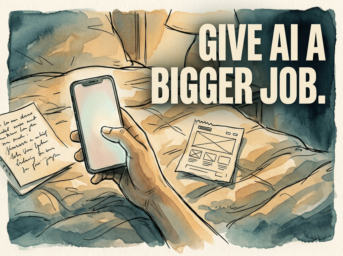 Watercolor of a hand holding a glowing phone over a quilt with notes and a website sketch. Text: Give AI a Bigger Job