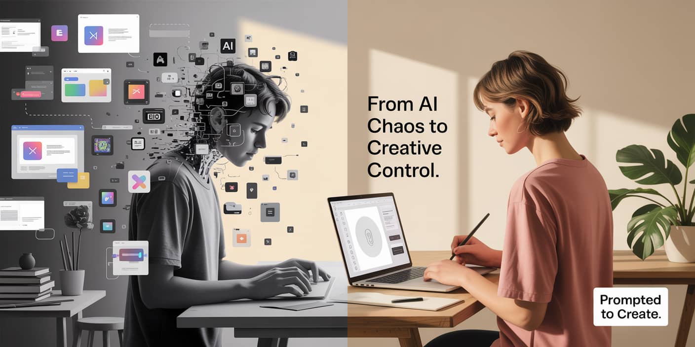Split image showing the overwhelm of chaotic AI tools on one side and creative calm on the other, symbolizing the transformation offered by Prompted to Create, with text, "From AI Chaos to Creative Control." 