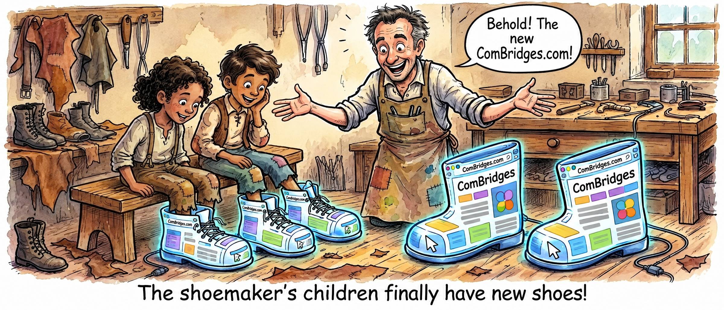 Hand-drawn ink and watercolor cartoon in a cluttered shoemaker’s workshop. A beaming shoemaker in a patched apron spreads his arms toward glowing boots designed like ComBridges.com web pages. Two children in worn, patched clothes sit on a bench, delighted, already wearing pairs of the website boots. Speech bubble: “Behold! The new ComBridges.com!” Caption: “The shoemaker’s children finally have new shoes!”
