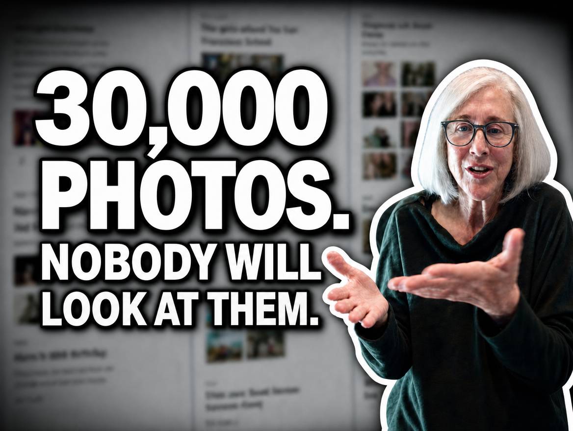Helene, 72, gesturing beside the words "30,000 photos. Nobody will look at them," over a blurred Life By Decade timeline.