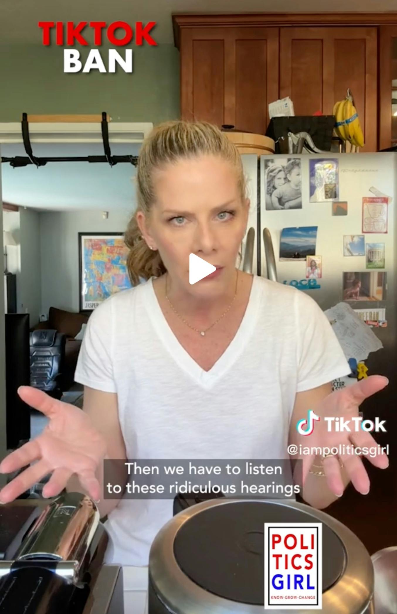 TikTok screen grab. White woman in white tee-shirt, speaking passionately with hands extended.