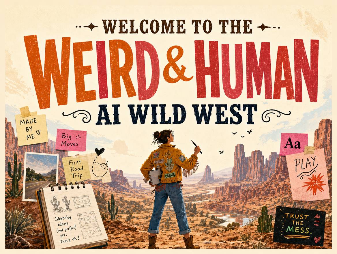 Illustrated desert collage of sketches, photos and app screens. Overlay: Welcome to the Weird & Human AI Wild West.
