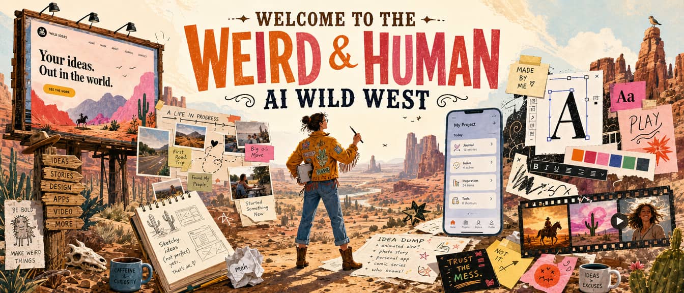 Hand-drawn collage illustration of a desert canyon in warm ochres and rusts. A woman in an embroidered fringe jacket stands with her back to us, holding a pen and a stack of notebooks. Around her the tools of making are scattered across the landscape: a billboard with a website mockup, a signpost pointing to Ideas, Stories, Design, Apps and Video, taped Polaroids, an open sketchbook of rough wireframes, a phone showing a project app, color swatches, and sticky notes reading "Be bold," "Make weird things" and "Trust the mess." Overlay text across the sky reads: "Welcome to the Weird & Human AI Wild West."