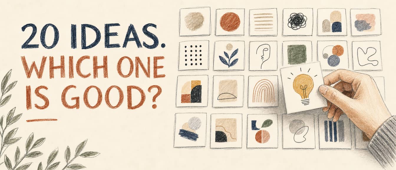 A hand picks one card showing a lightbulb from a grid of twenty rough sketch cards. Headline: "20 ideas. Which one is good?"