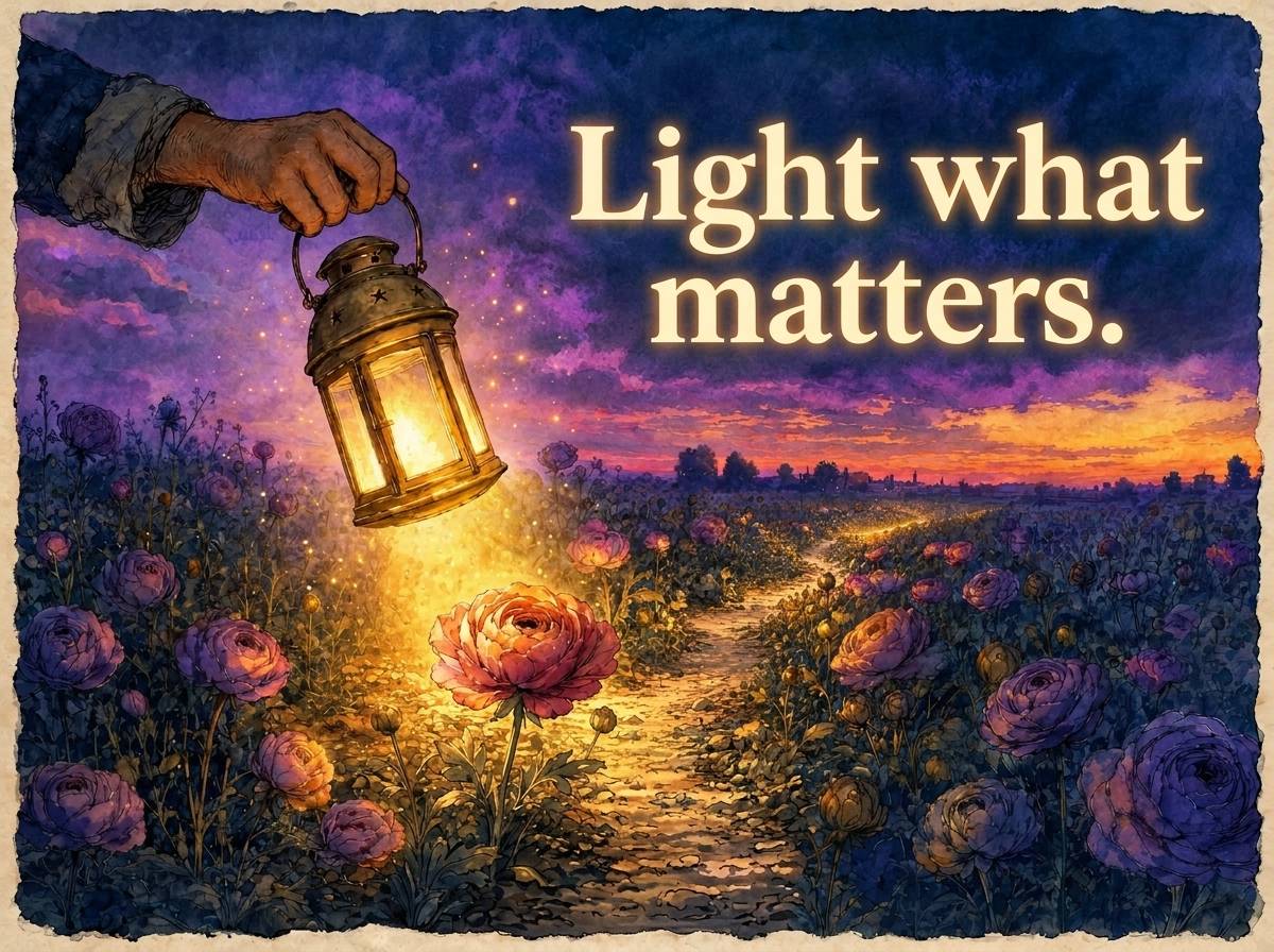 Watercolor of a hand aiming a lantern at one glowing flower in a dark field. Text: “Light what matters.”