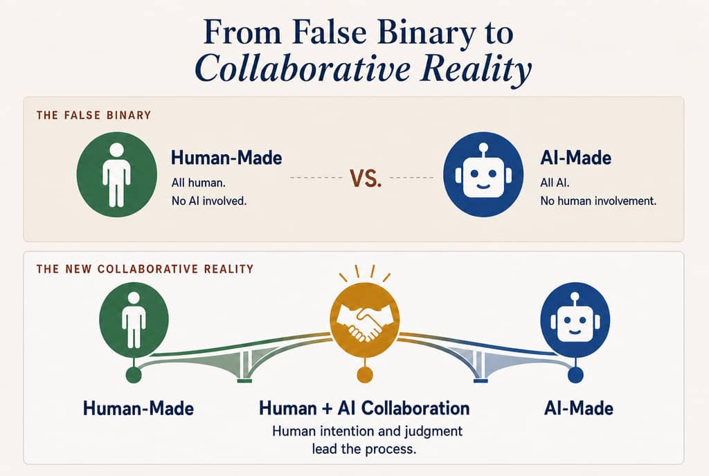 Two-panel diagram, "From False Binary to Collaborative Reality." The top panel opposes Human-Made and AI-Made. The bottom panel joins them with a bridge, meeting at Human + AI Collaboration, where human intention and judgment lead the process.