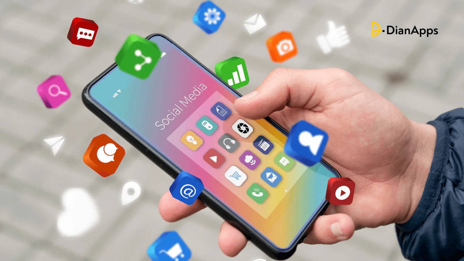 Social media icons floating off of a phone