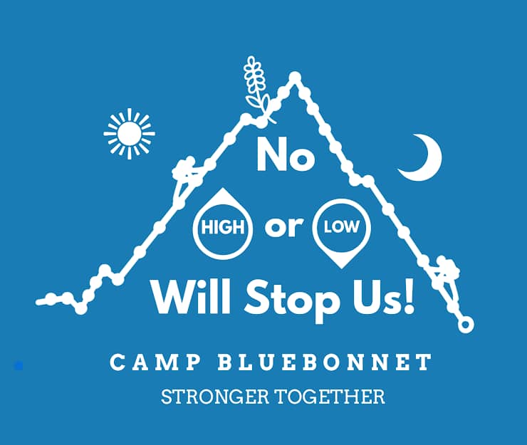 blue shirt with white design. "no high or low will stop us" text with "Camp Bluebonnet stronger together" under. picture is of a cgm graph making a mountain, which has a sun on one side, and a moon on the other. there are two people climbing to the top we