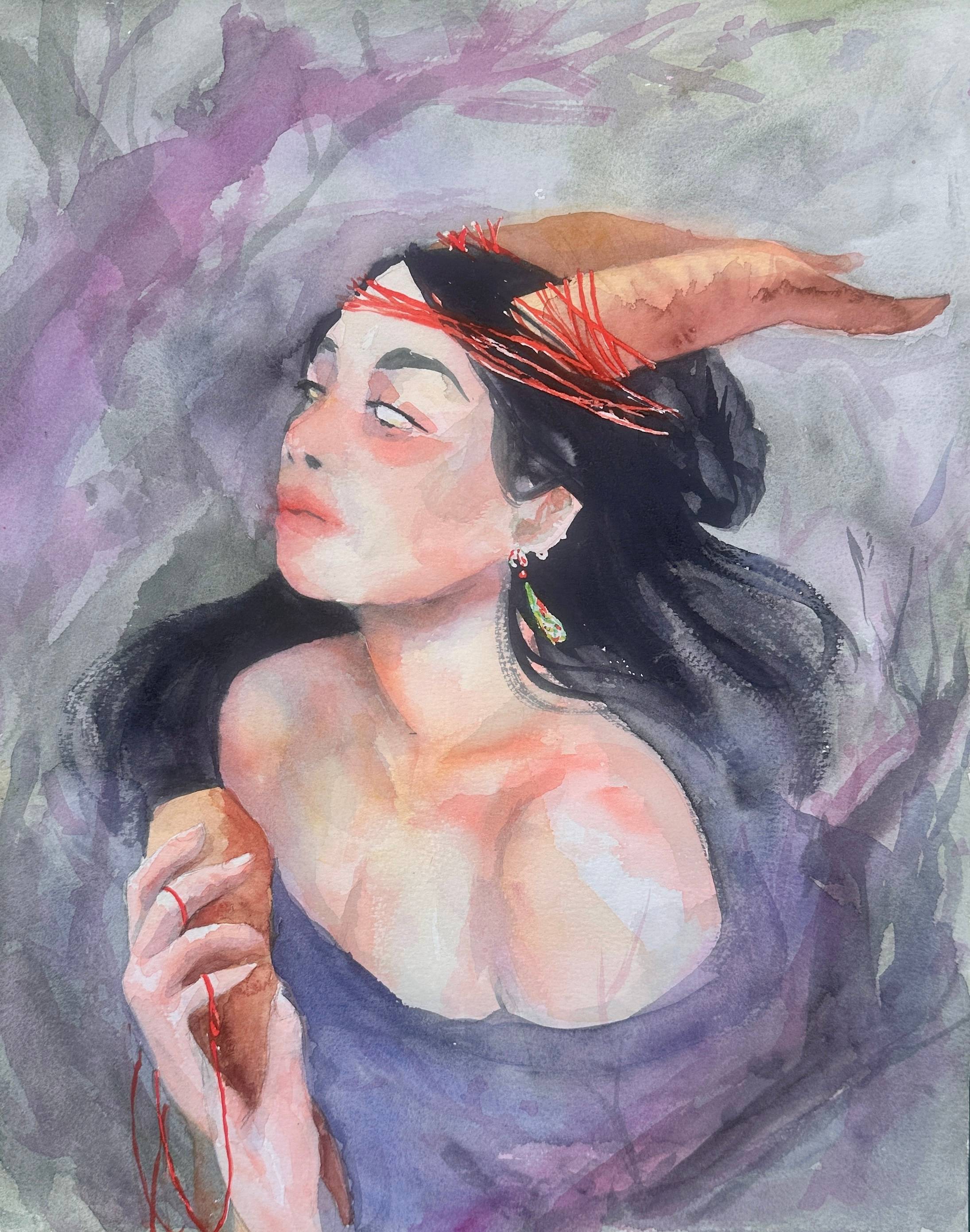 A woman with goat horns, clutching another horn, painted in soft watercolor washes