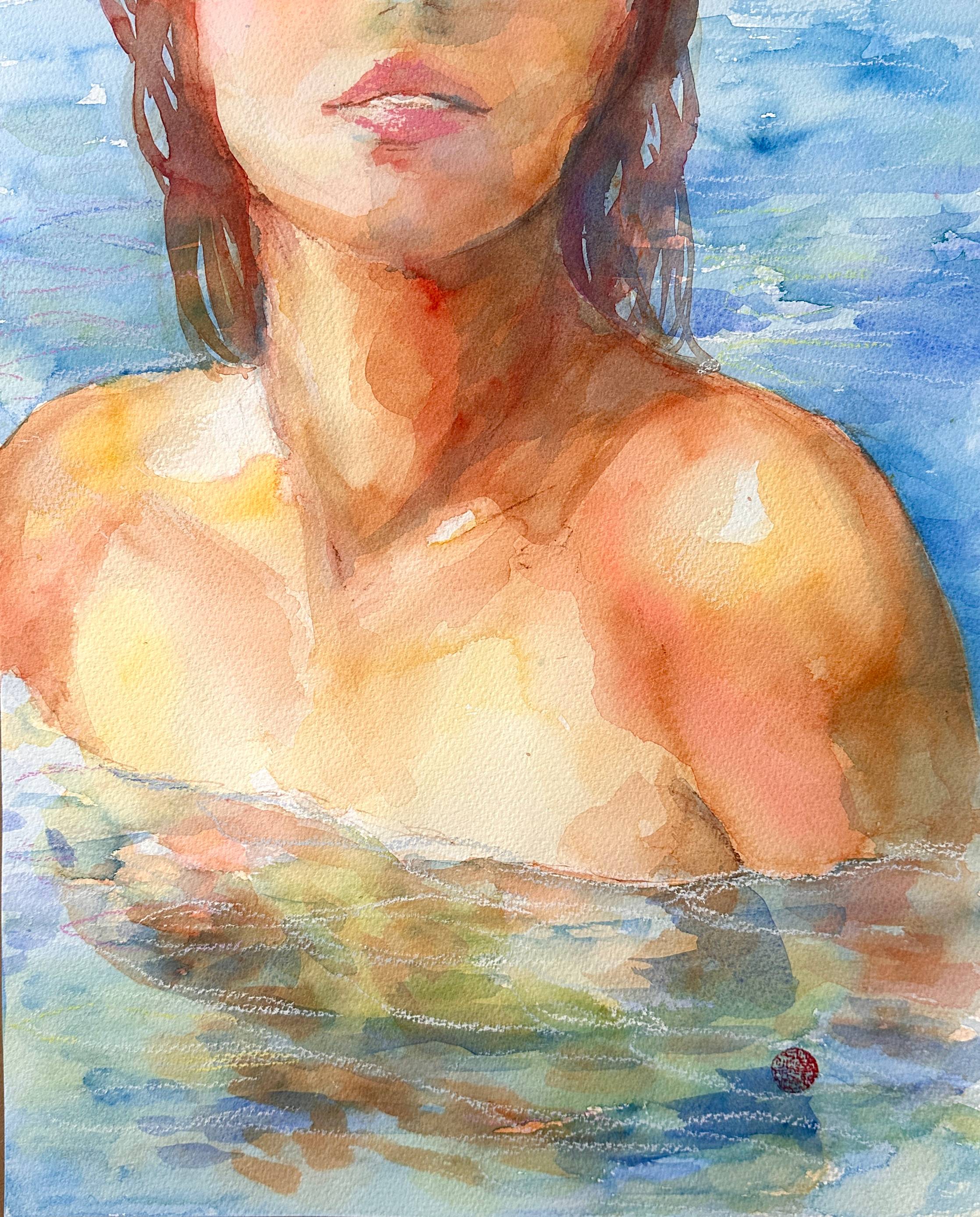 Painting of a woman half submerged in a pool, painted in soft watercolor washes