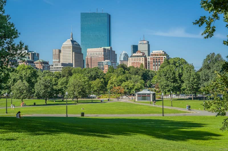 The Boston skyline rising above the green lawns of the Boston Common park
