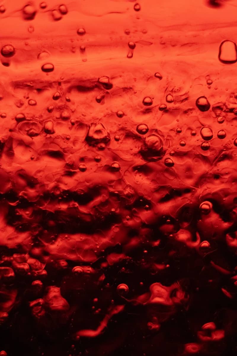 Close-up of red liquid with many small bubbles.