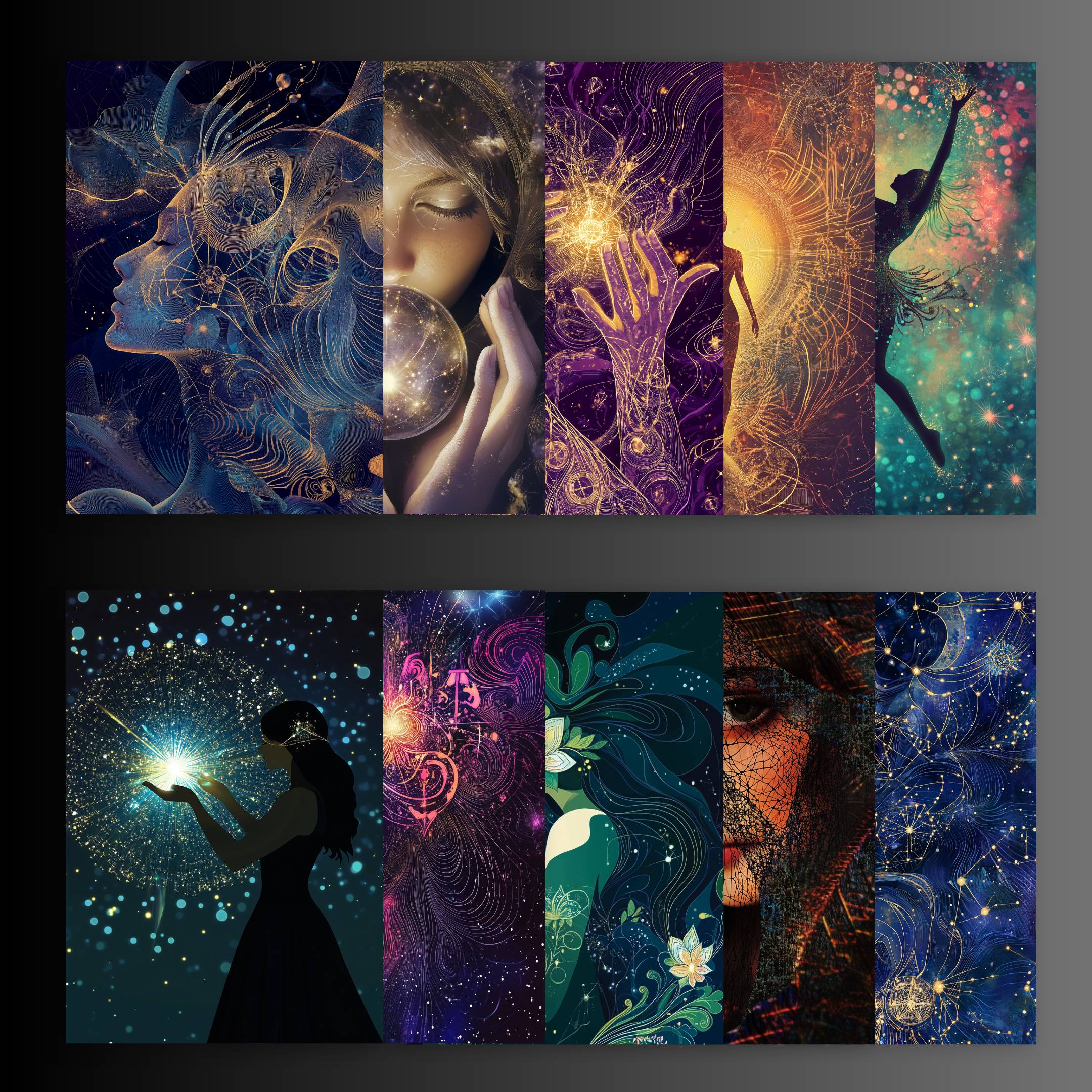 a square spread of 10 oracle cards