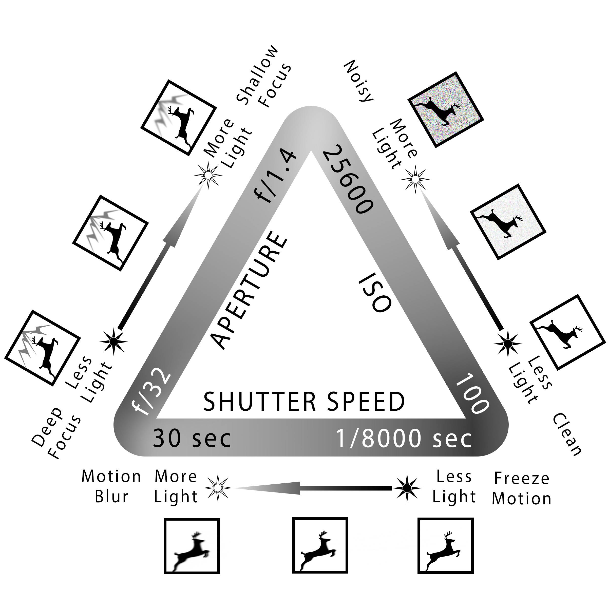 The basic exposure triangle showing ISO, aperture, and shutter speed.
