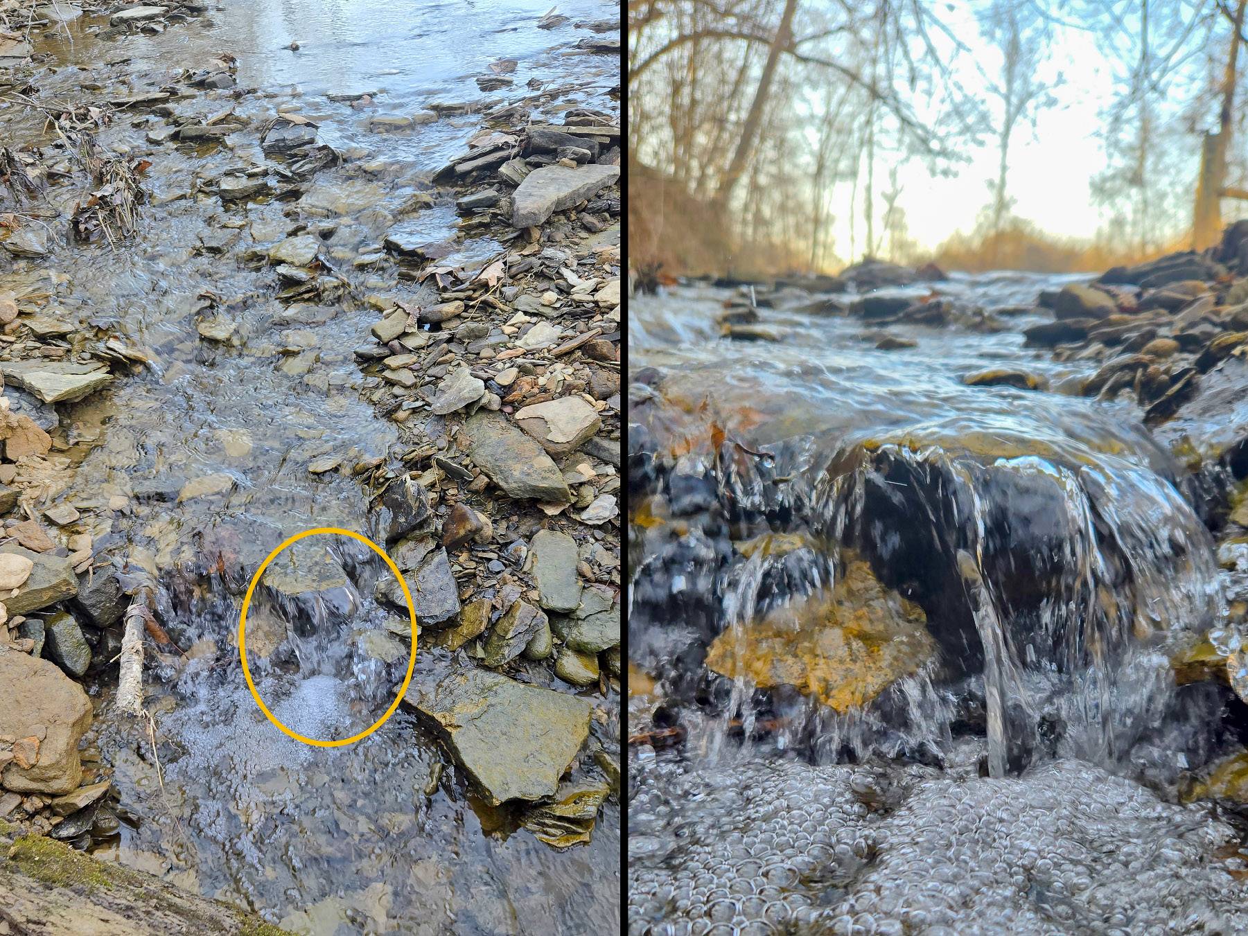 Side by side comparison of a tiny vertical drop in a small stream, one from above and one low and close to demonstrate the difference perspective makes. 