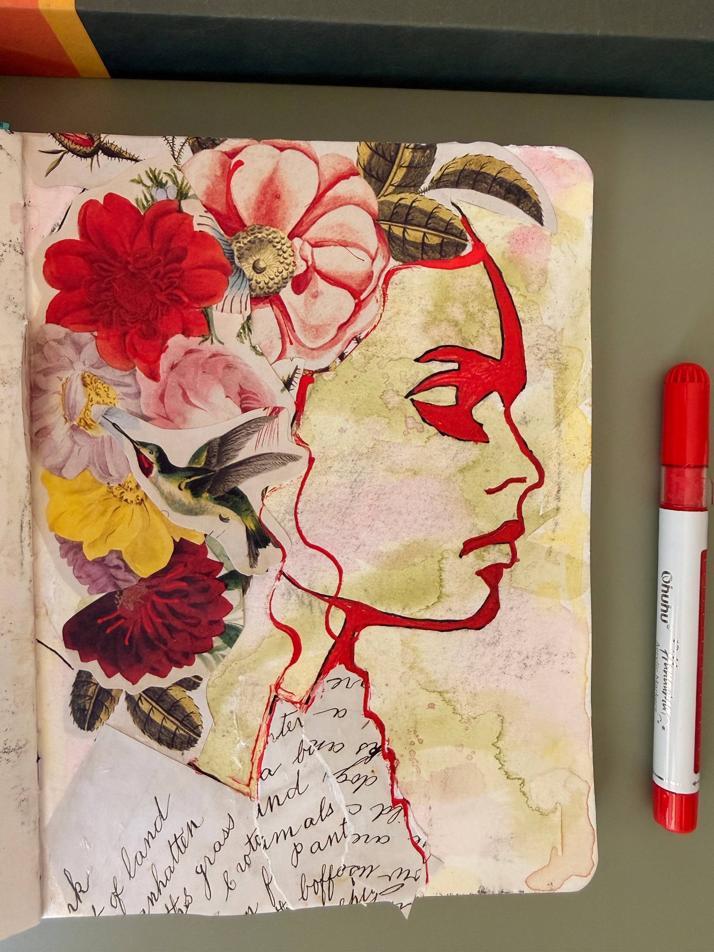 Mixed media portrait artwork created for the one portrait three Artworks workshop