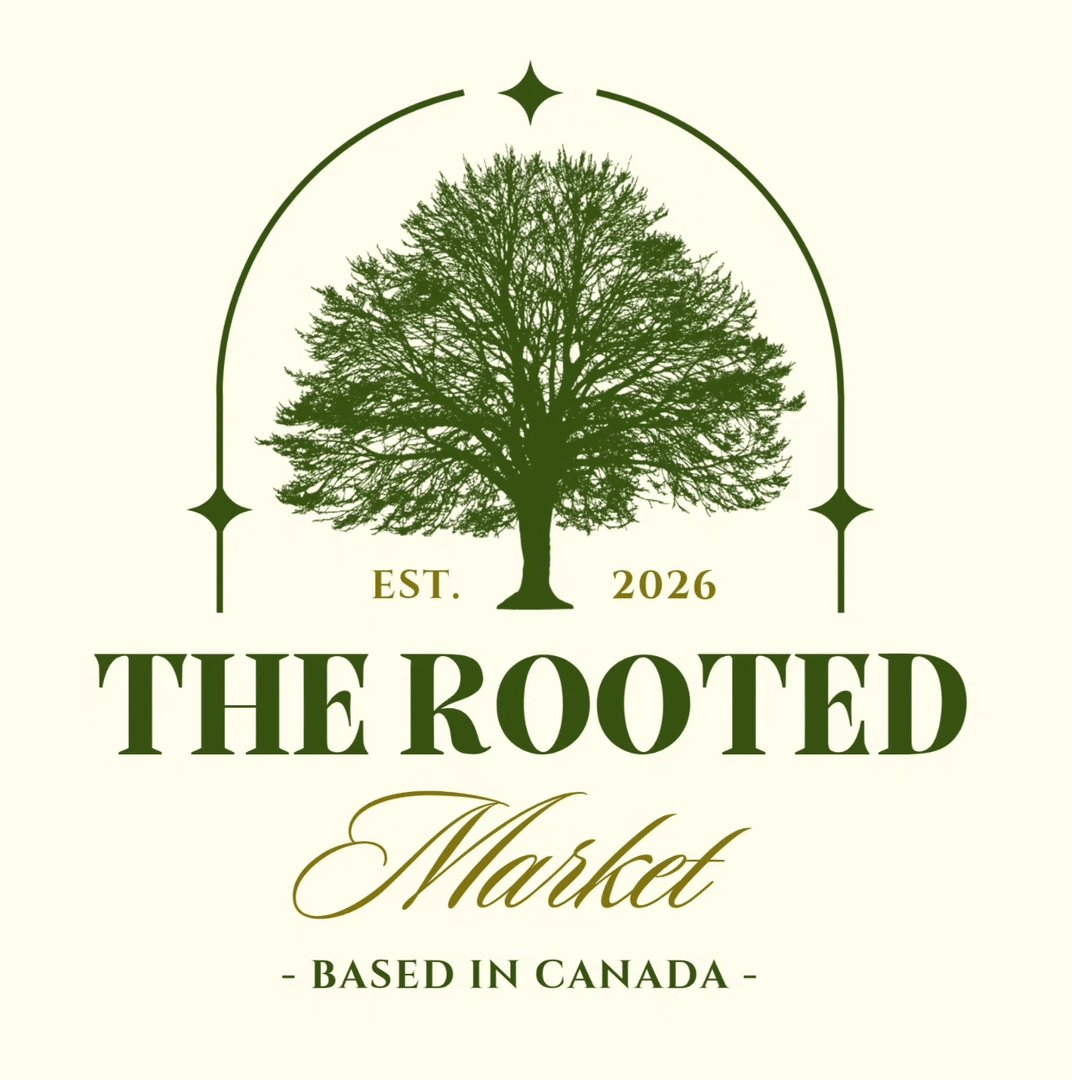 The Rooted Market's logo features an illustration of a massive tree with a broad canopy covered with an arch and stylized diamond shapes. At sides of the tree trunk it reads "Est. 2026". Below the tree it reads: The Rooted Market - based in Canada". The colour palette is neutral in earthy tones