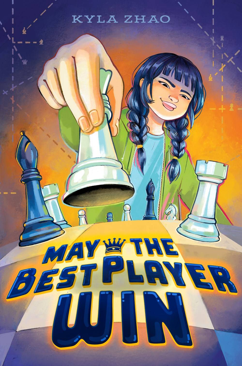 A book cover shows an Asian American girl holding a chess piece above a chess board with a smirk on her facee