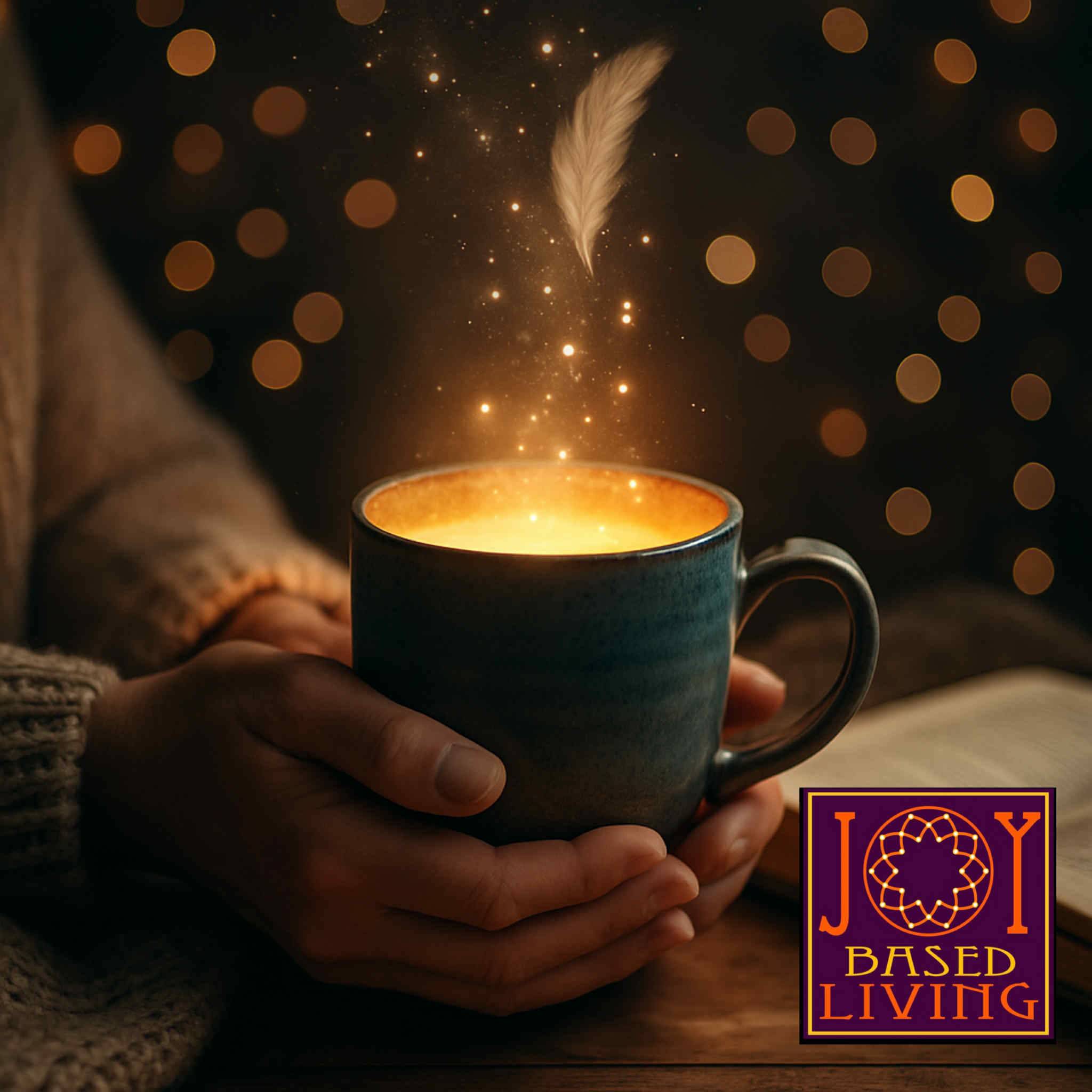 Hands holding a mug of stars with a floating feather above the mug, and a book on the table