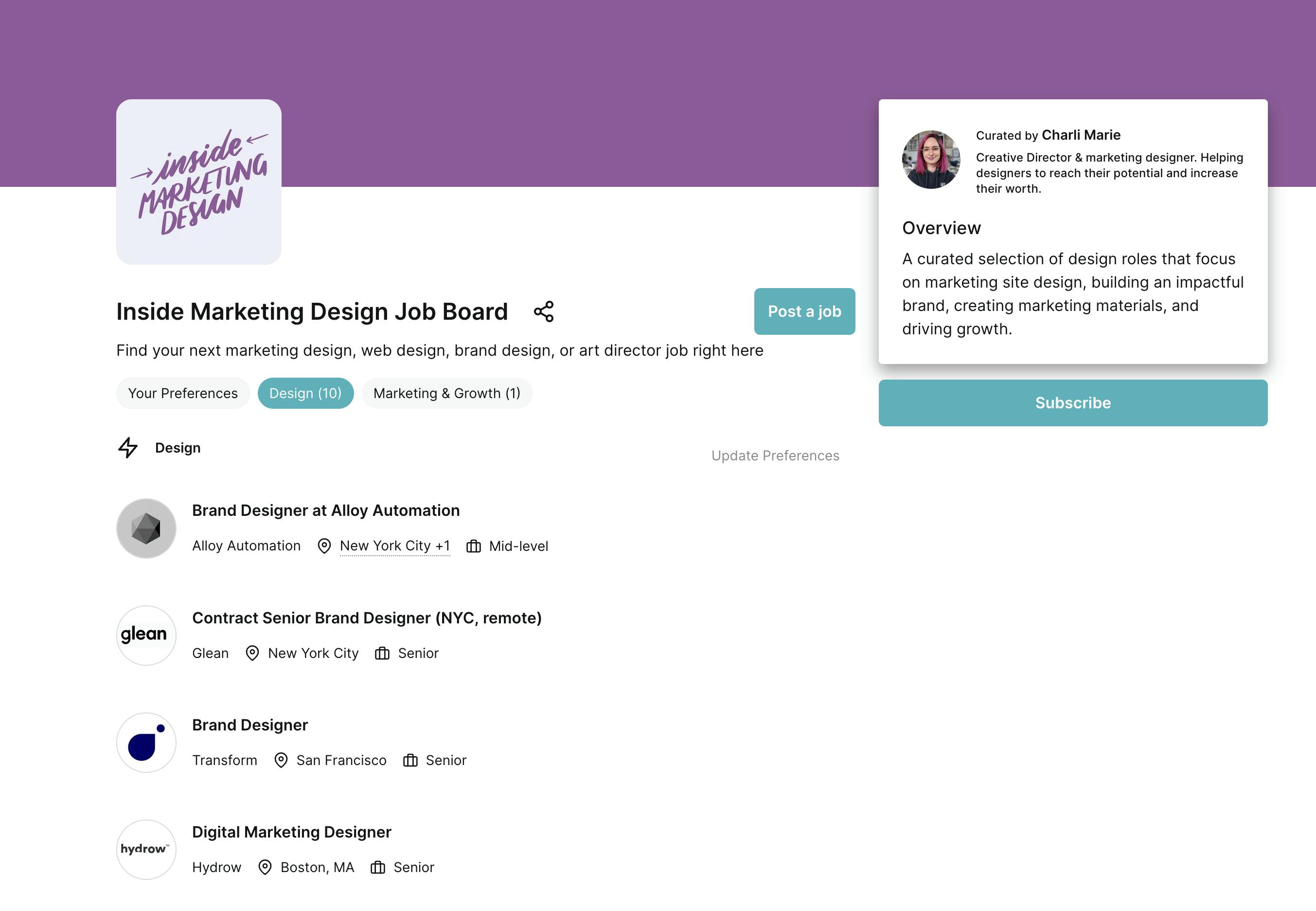 A screenshot of the design job board, showing open jobs like "Brand Designer at Alloy Automation", and "Digital Marketing Designer at Hydrow"