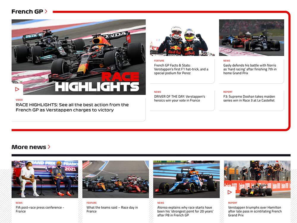 Current content cards on the F1 site