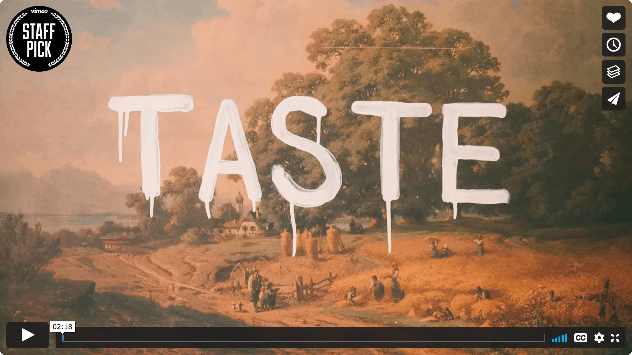 Screenshot of the first frame of a video, showing the word 'TASTE' painted over a landscape image