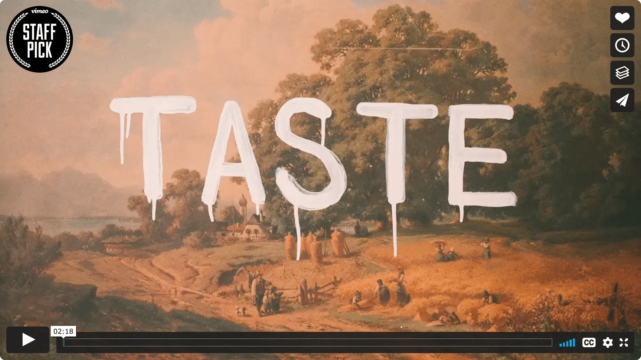 Screenshot of the first frame of a video, showing the word 'TASTE' painted over a landscape image