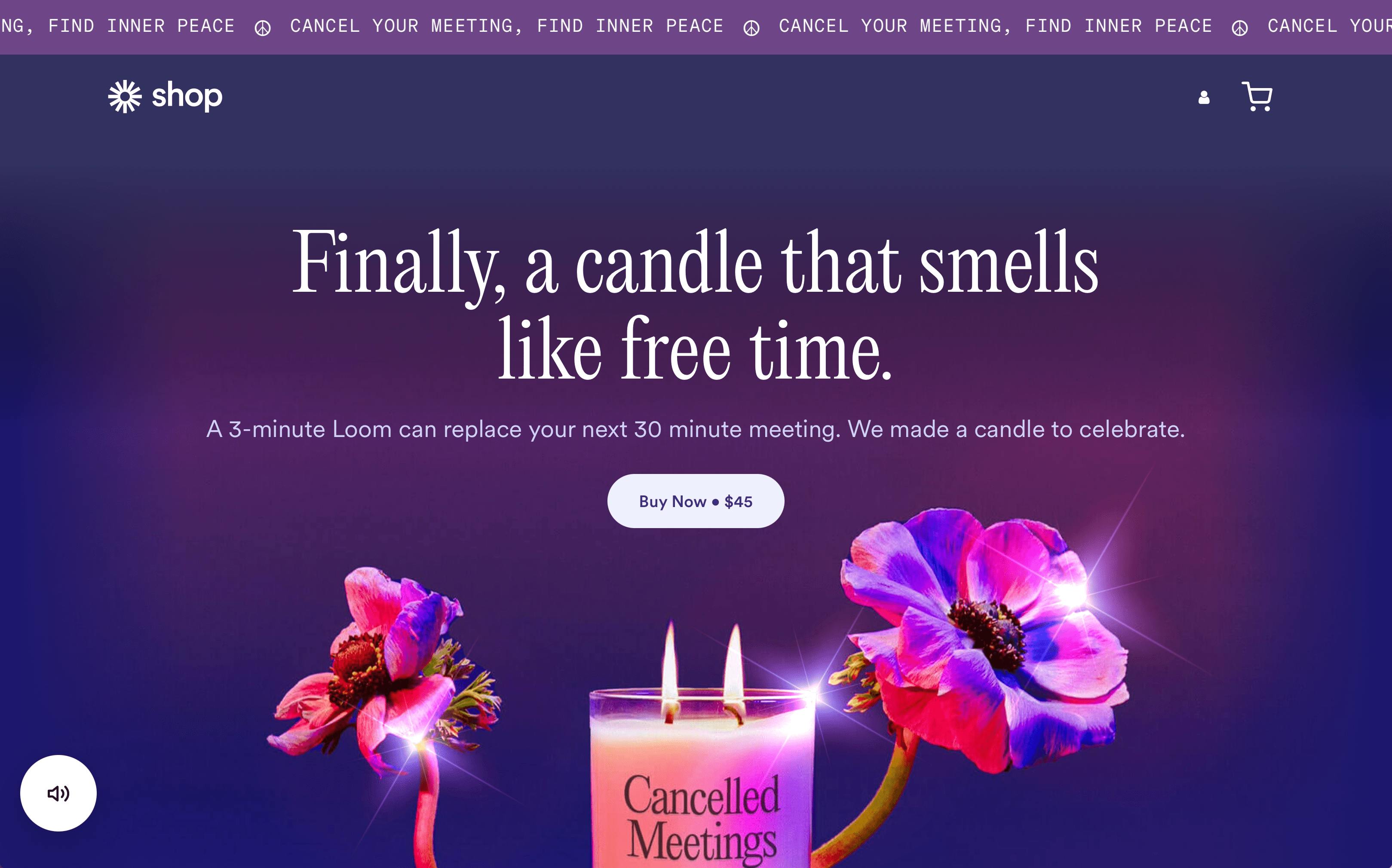 A screenshot of Loom's website. The title reads "Finally, a candle that smells like free time"