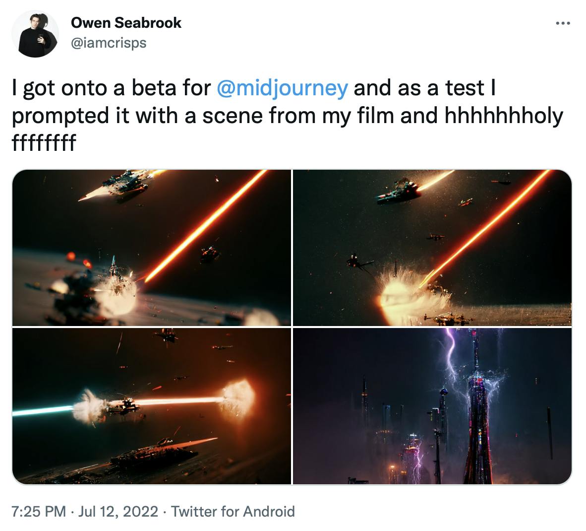 Image of a tweet showing amazing-looking space-themed images generated as concept art for a writers film script