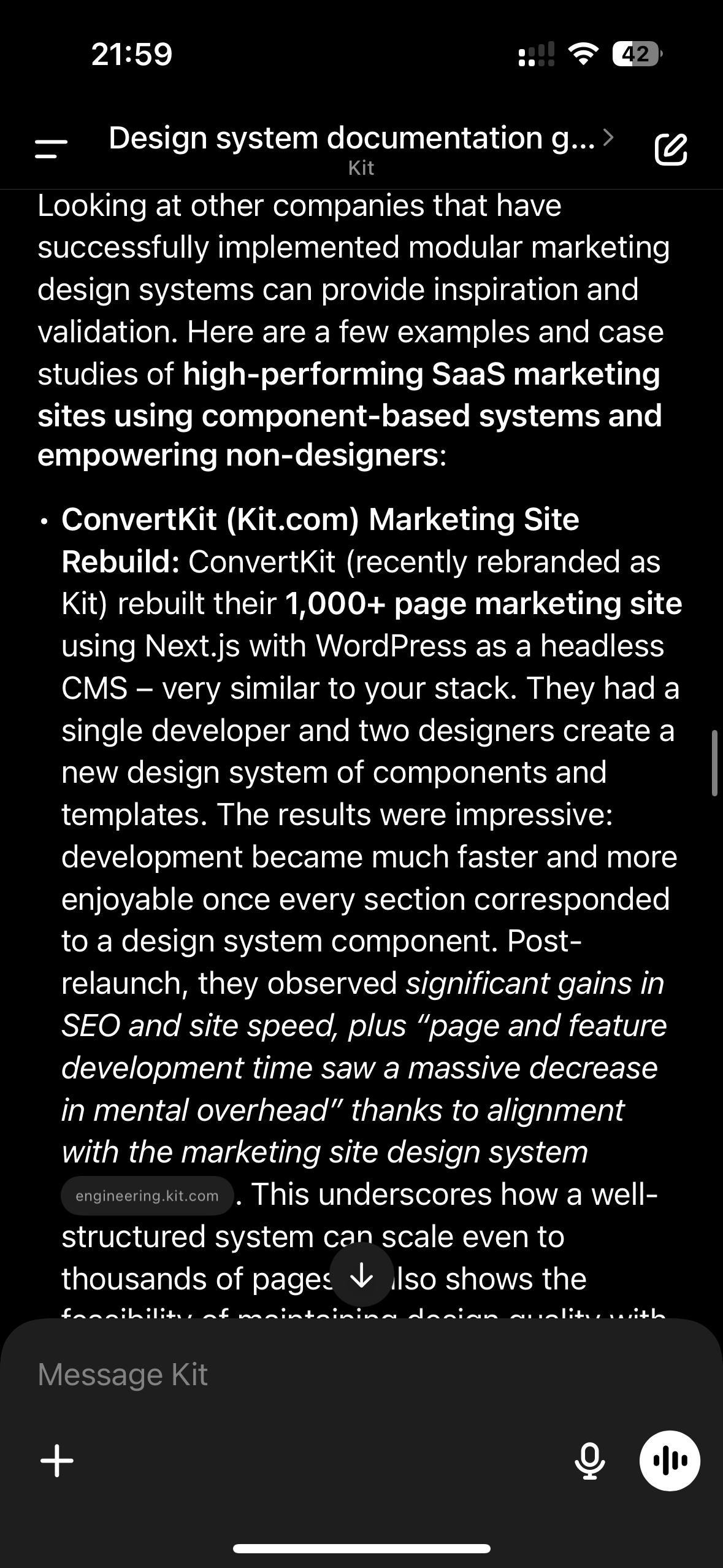 Chat GPT response noting the rebuild of our marketing site as an example of a successful modular design system