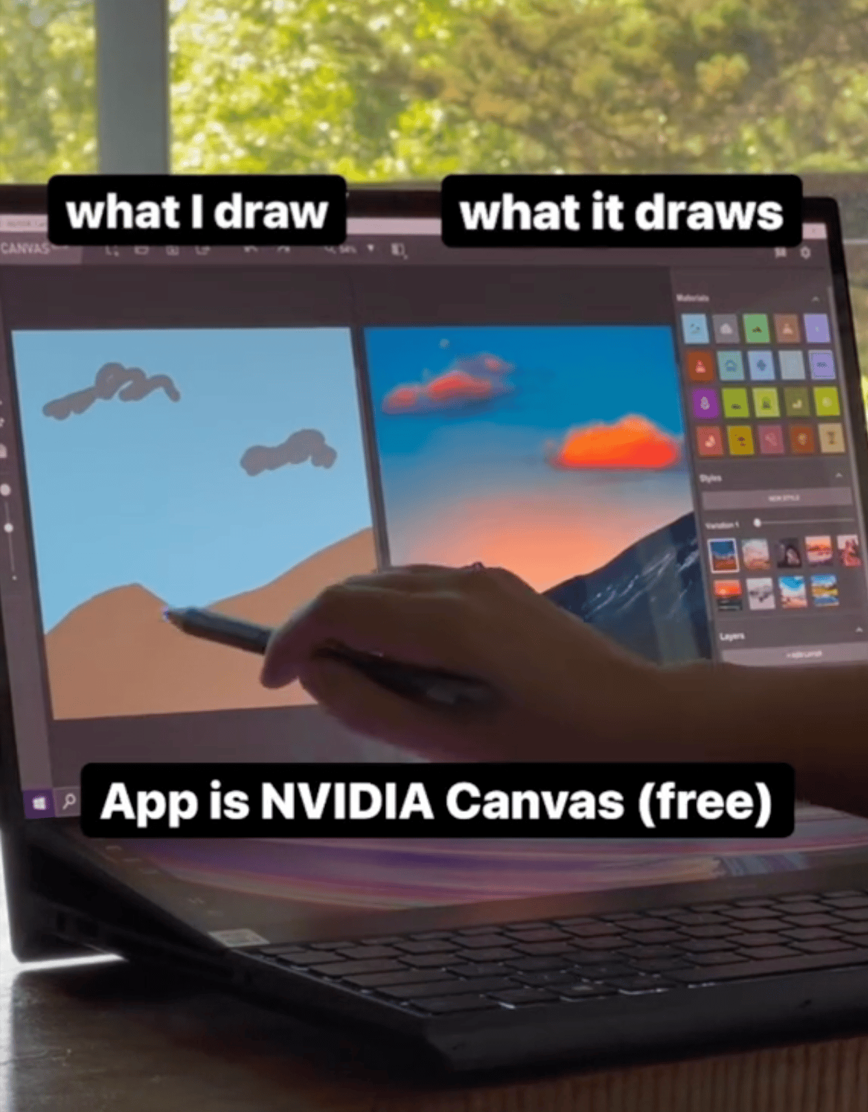 Image showing two digital canvases, one with rough scribbles on the left, and on the right it's transformed into a photorealistic image